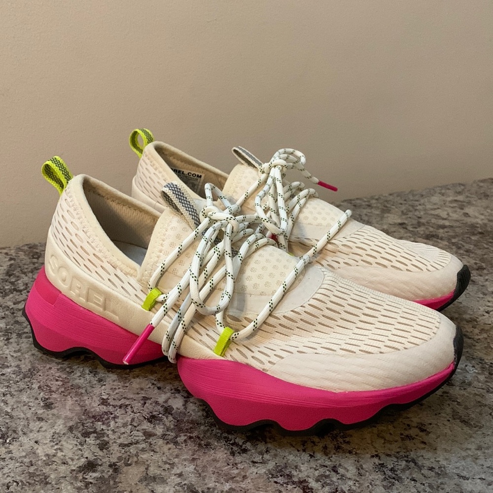 Sorel Pink, Beige, and Neon Yellow Shoes